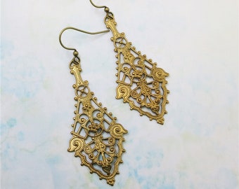 Filigree Earrings, Lace Earrings, Vintage Brass Filigree, Victorian, Jewelry, Gift