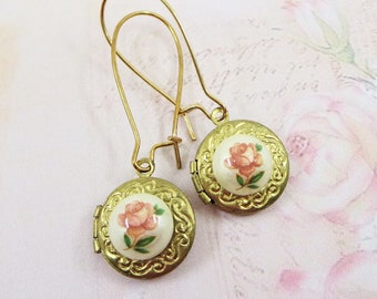 Locket Earrings Pink Rose Earrings Pink Flower Earrings Victorian Shabby Chic Vintage Style Jewelry Gift