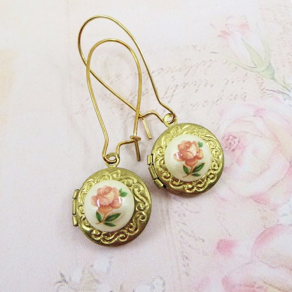 Locket Earrings Pink Rose Earrings Pink Flower Earrings Victorian Shabby Chic Vintage Style Jewelry Gift