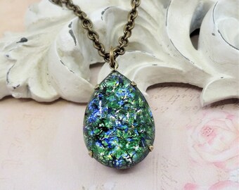 Green Fire Opal Necklace Emerald Green Glass Opal Necklace NEW LARGER SIZE Jewelry Gift