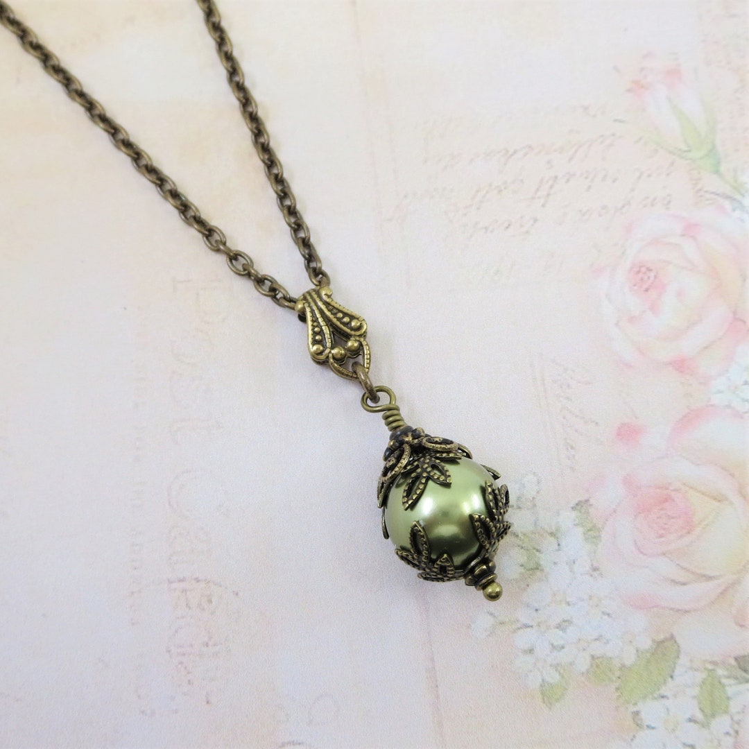 Green Pearl Necklace Light Green Pearl Pendant Victorian Pearl Necklace