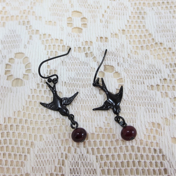 Blackbird Earrings Black Bird Earrings Flying Sparrow Garnet Gothic Nature Wedding Jewelry Gift