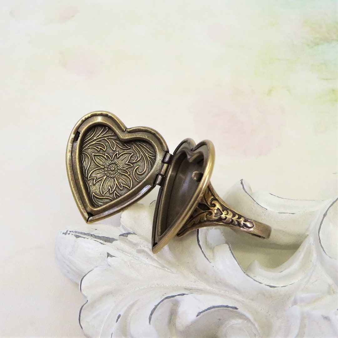 Heart Locket Ring Flower Locket Adjustable Ring Victorian Etsy