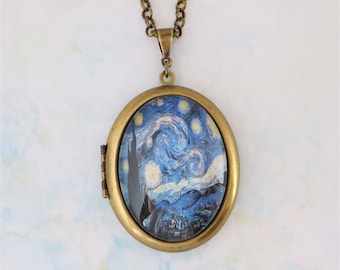 Starry Night Locket Art Glass Locket Large Oval Photo Cameo Locket Van Gogh Jewelry Gift