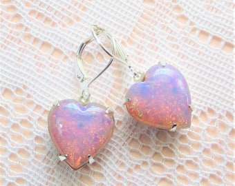 Pink Heart Earrings Pink Glass Opal Earrings Harlequin Opal Vintage Glass Jewels Victorian Shabby Chic Jewelry Gift