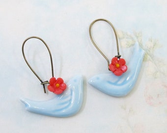 Blue Porcelain Bird Earrings, Bird Jewelry, Robin Egg Blue Birds, Gift