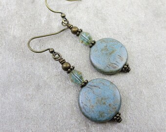 Bohemian Earrings Czech Glass Earrings Beaded Earrings Blue Green Disc Coin Earrings Boho Jewelry