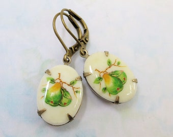 Green Pears Earrings, Fruit Earrings, Vintage Milk Glass Jewelry, Retro