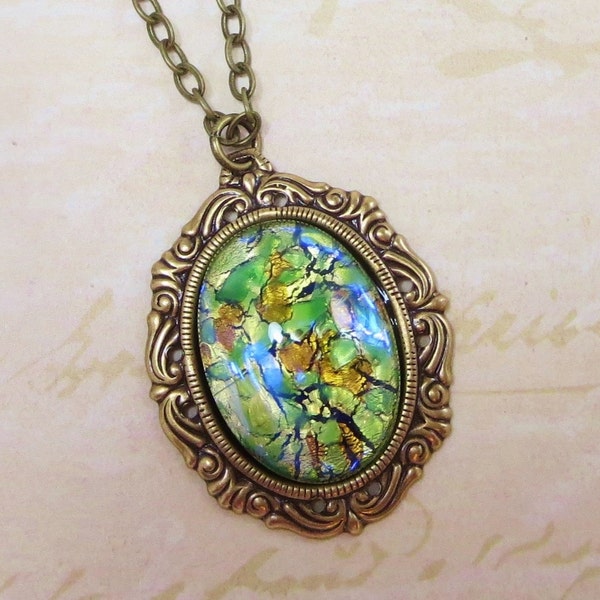 Green Fire Opal Pendant Necklace Peridot Green Glass Opal Large Art Deco Victorian