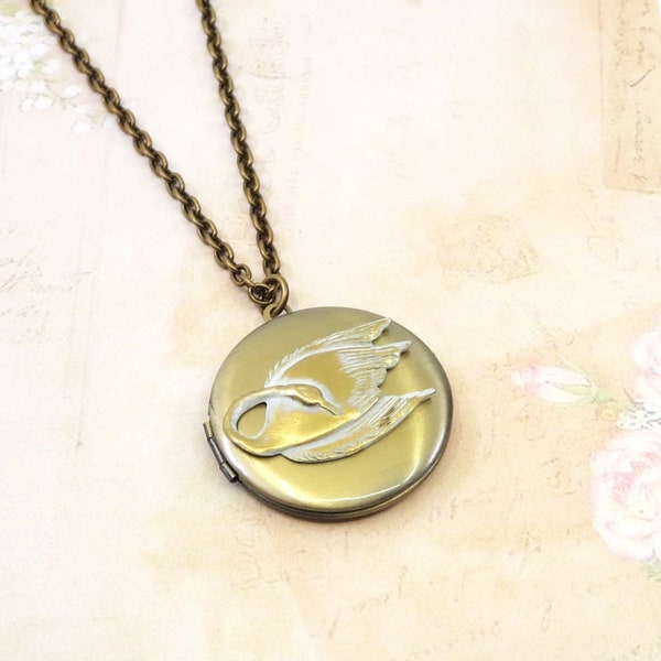 Swan Locket Swan Necklace Pendant White Swan Jewelry Gift