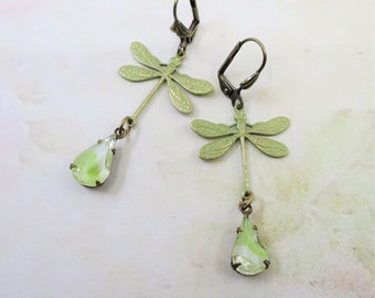 Green Dragonfly Earrings Green Patina Dragonfly Earrings Insect Earrings Jewelry Gift