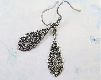 Silver Art Deco Earrings Silver Filigree Lace Earrings