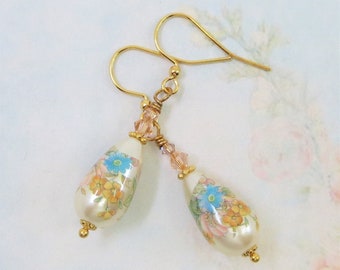 Tensha Earrings Peach Flower Earrings Tensha Bead Earrings Jewelry Gift