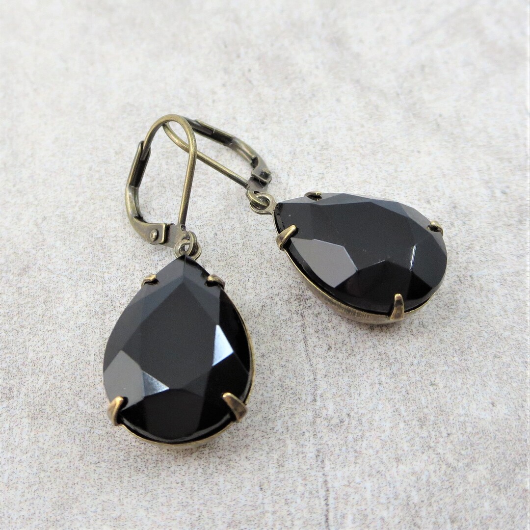 Jet Black Earrings Black Art Deco Earrings Vintage Glass - Etsy