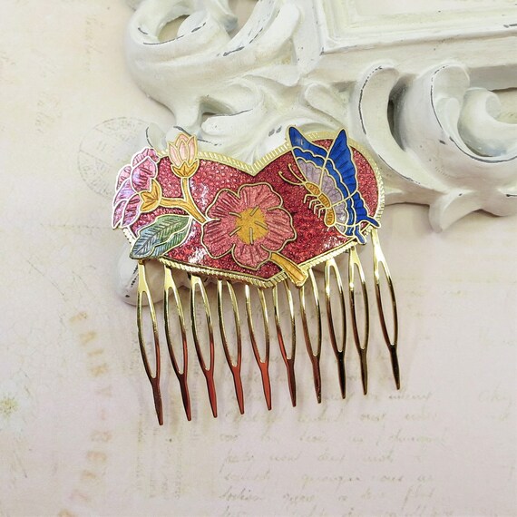 Vintage Cloisonne Hair Comb Red Vintage Enamel He… - image 7