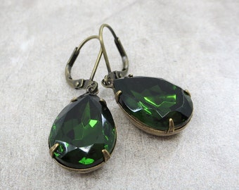 Turmaline Green Earrings Fern Green Crystal Earrings Vintage Glass Jewels Art Deco Earrings Old Hollywood Glamour Estate Style Jewelry Gift