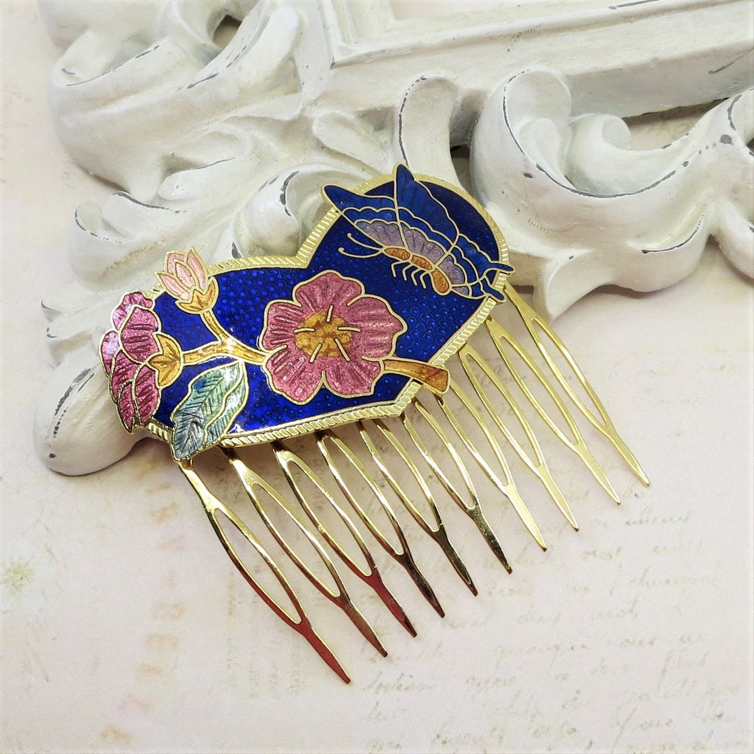 Vintage Cloisonne Hair Comb Blue Vintage Enamel Heart Hair Etsy