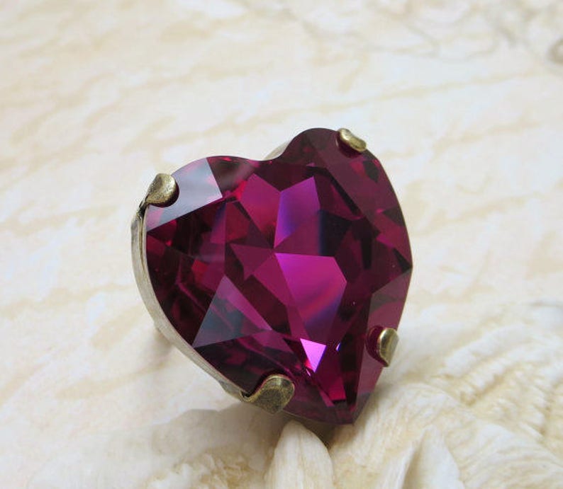 Heart Ring Swarovski Crystal Fuchsia Rhinestone Ring Large Etsy