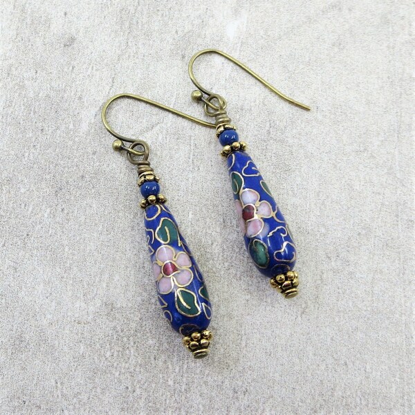 Cloisonne Teardrop Earrings Vintage Chinese Cloisonne Beaded Earrings Navy Blue Dark Blue Jewelry Gift