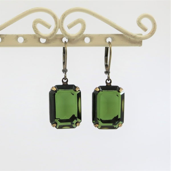 Olivine Green Earrings Olive Green Crystal Earrings Vintage Glass Jewels Victorian Earrings Old Hollywood Glamour Estate Style Jewelry Gift