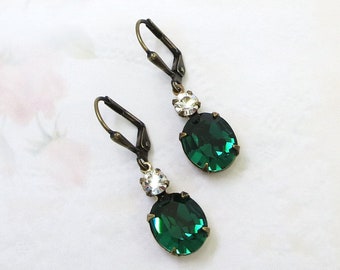 Emerald Green Earrings, Green Earrings, Vintage Swarovski, May Birthstone, Jewelry, Gift