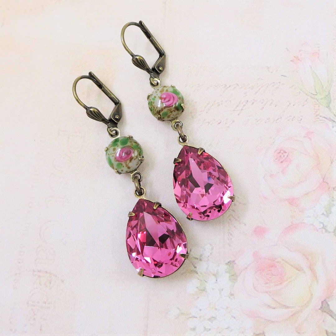 Pink Rose Earrings, Crystal Earrings, Vintage Jewels, Victorian ...