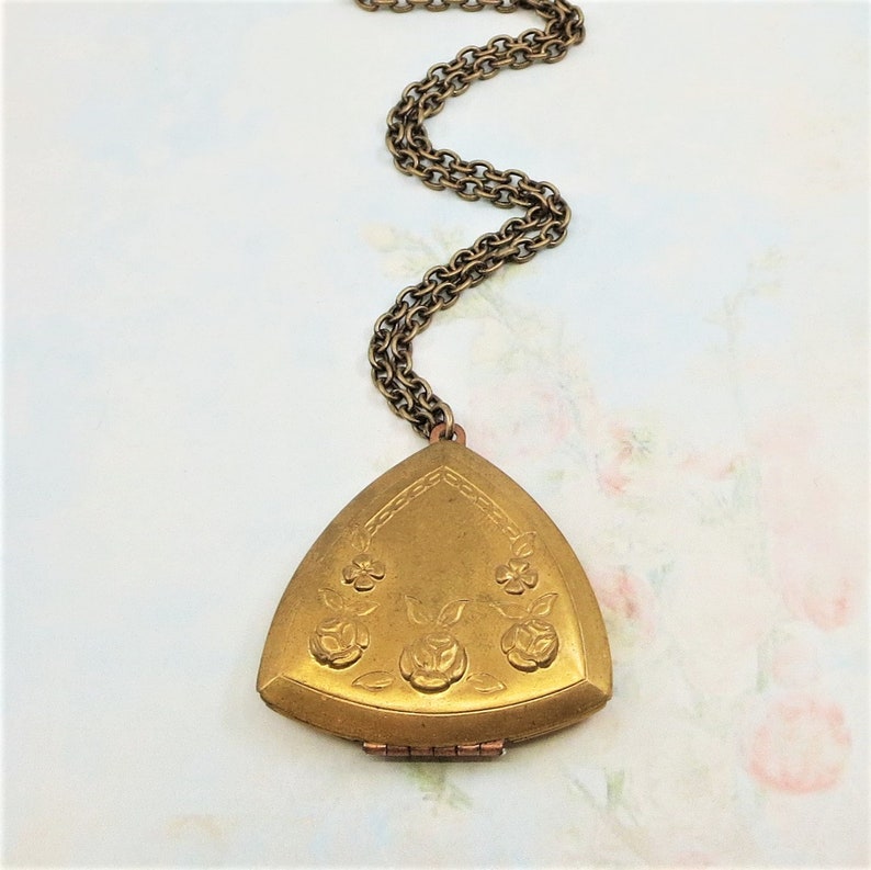 Vintage Locket Triangle Locket Rose Flower Locket Art Deco Etsy
