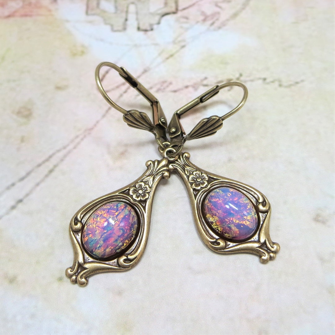 Pink Fire Opal Earrings Pink Opal Earrings Vintage Glass - Etsy