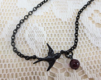 Black Bird Necklace Flying Sparrow Blackbird Bird Jewelry Bird Necklace Bird in Flight Nature Gothic Jewelry Gift