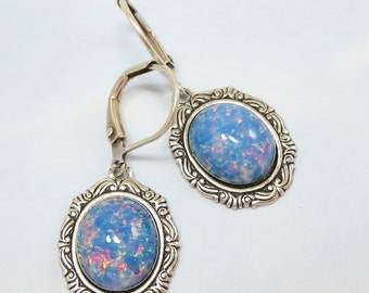 Blue Fire Opal Earrings Dangles Light Blue Glass Opal Jewelry Fantasy Mystical