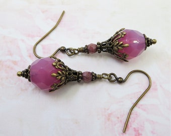 Victorian Earrings Rose Opal Czech Glass Bead Earrings Jewelry Gift