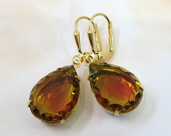 Olivine Green Ruby Red Earrings, 2 Tone Earrings, Vintage Glass Jewels, Jewelry, Gift