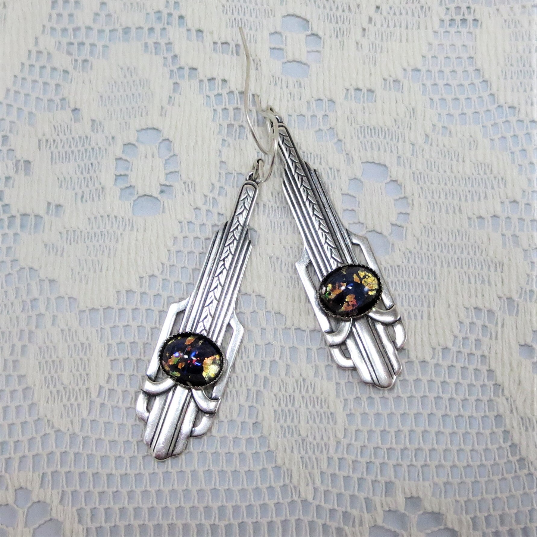 Art Deco Earrings Art Deco Jewelry Black Fire Opal Earrings | Etsy