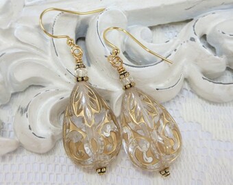 Gold Lace Earrings Crystal Teardrops Ear Dangles Victorian Boho Glam Holiday Jewelry Gift