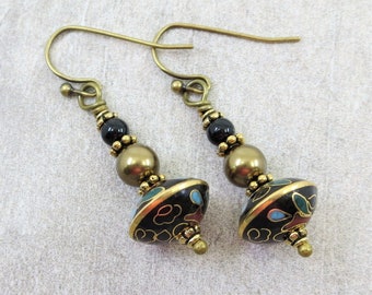 Cloisonne Earrings Vintage Chinese Cloisonne Beaded Earrings Black Gold Jewelry Gift