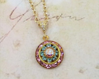 Victorian Necklace Rose Pink Turquoise Rhinestone Pendant Crystal Necklace Jewelry Gift