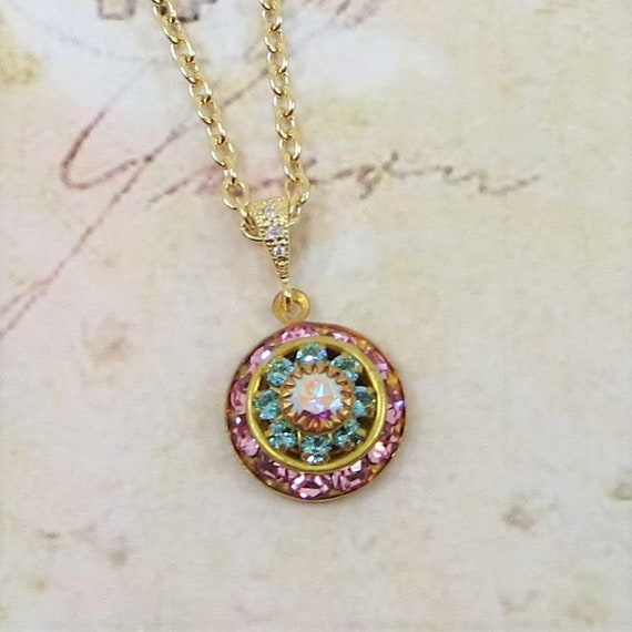 Victorian Necklace Rose Pink Turquoise Rhinestone Pendant | Etsy