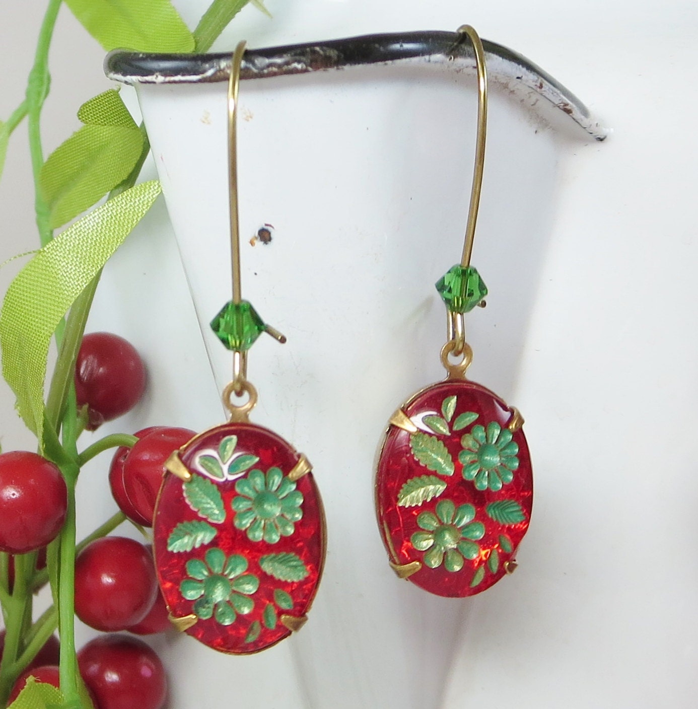 Victorian Earrings Ruby Red Earrings Dangles Flower Earrings | Etsy