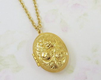 Gold Rose Locket, Flower Locket, Victorian Locket, Oval Locket, Deep Locket, Jewelry, Gift