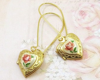 Heart Locket Earrings, Pink Rose Locket, Pink Flower Locket, Rose Jewelry, Gift