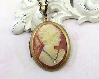 Cameo Locket Necklace Pendant Vintage Cameo Carnelian Cameo Victorian Downton Abbey Jane Austen Jewelry