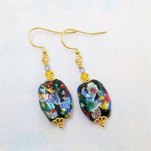 Vintage Japanese Foiled Glass Earrings Art Glass Earrings Vintage Bead Earrings Jewelry Gift