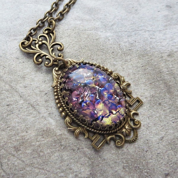 Amethyst Fire Opal Necklace Pendant Amethyst Glass Opal Necklace Harlequin Opal Victorian Jewelry Gift