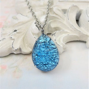 Blue Opal Necklace Blue Glass Opal Necklace Aquamarine LARGER SIZE Pendant Fire Opal Jewelry Gift