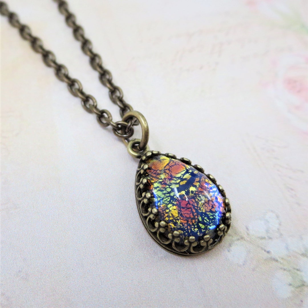 Black Opal Necklace, Black Fire Opal Necklace, RARE Vintage Glass ...
