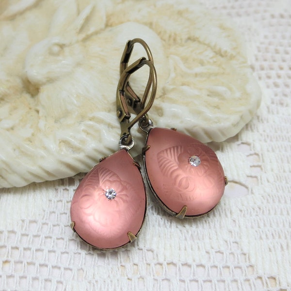 Rosaline Earrings Pink Peach Frost Matte Earrings Estate Style Victorian Earrings Jewelry Gift