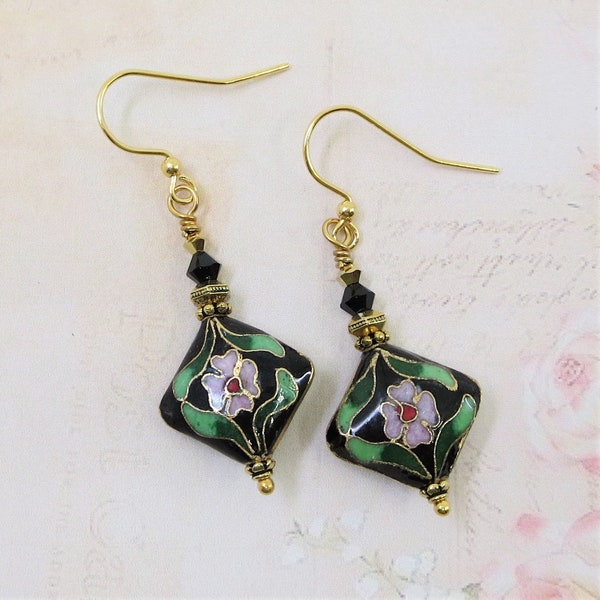 Cloisonne Earrings Vintage Chinese Cloisonne Earrings Black Earrings Pink Green Jewelry Gift