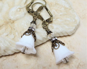 White Milk Glass Flower Earrings White Flower Earrings Victorian Earrings Vintage Style Wedding Bridal Earrings Jewelry Gift