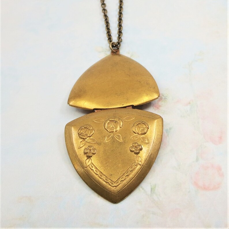 Vintage Locket Triangle Locket Rose Flower Locket Art Deco Etsy
