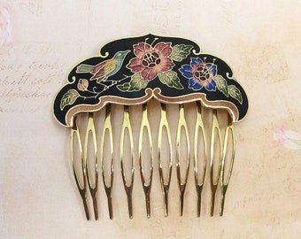 Vintage Cloisonne Hair Comb, Vintage Enamel Hair Comb, Cloisonne Bird, Jewelry, Gift